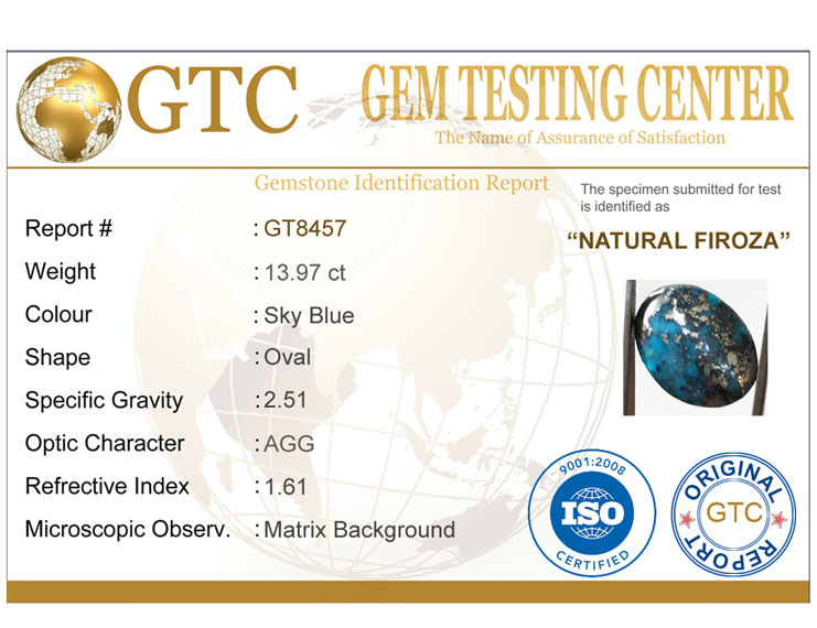 13.97 Ct Natural Irani Firoza (Iranian Turquoise) – Certified Original Gemstone | Gemshub